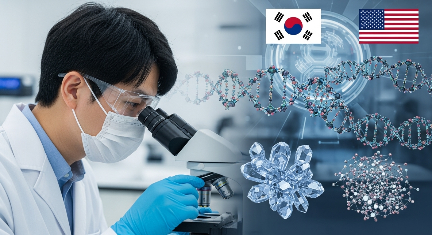 바이오 및 신소재 산업의 잠재력과 투자 기회 - 한국인 연구원이 바이오 실험실에서 DNA와 신소재를 연구하는 모습