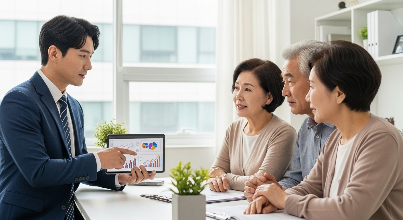 사망보험금 유동화 제도 주목 이유 - 한국인 금융 전문가가 노년 부부에게 사망보험금 유동화의 필요성과 시장 상황을 설명하는 모습