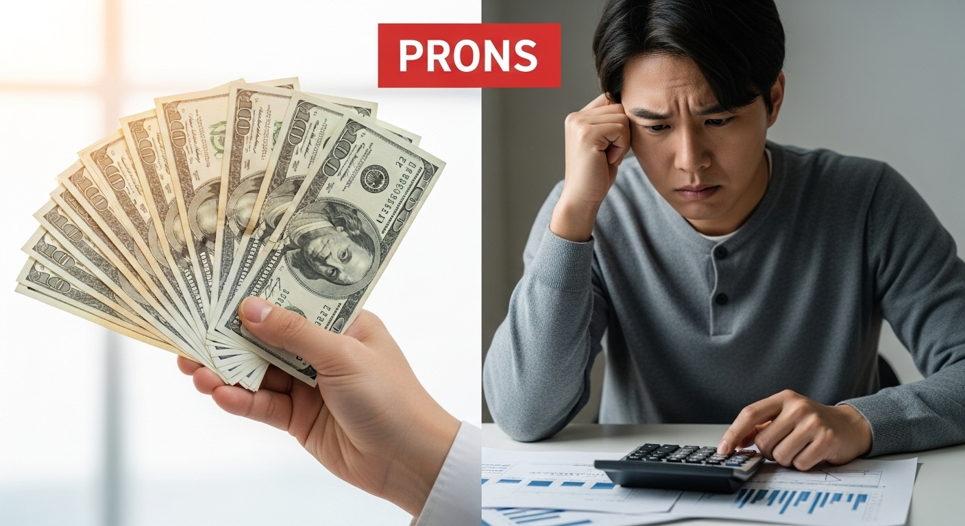 사망보험금 유동화 장단점 분석 - 한 손에는 현금을, 다른 손에는 계산기를 든 한국인이 유동화의 장점과 단점을 고심하는 모습