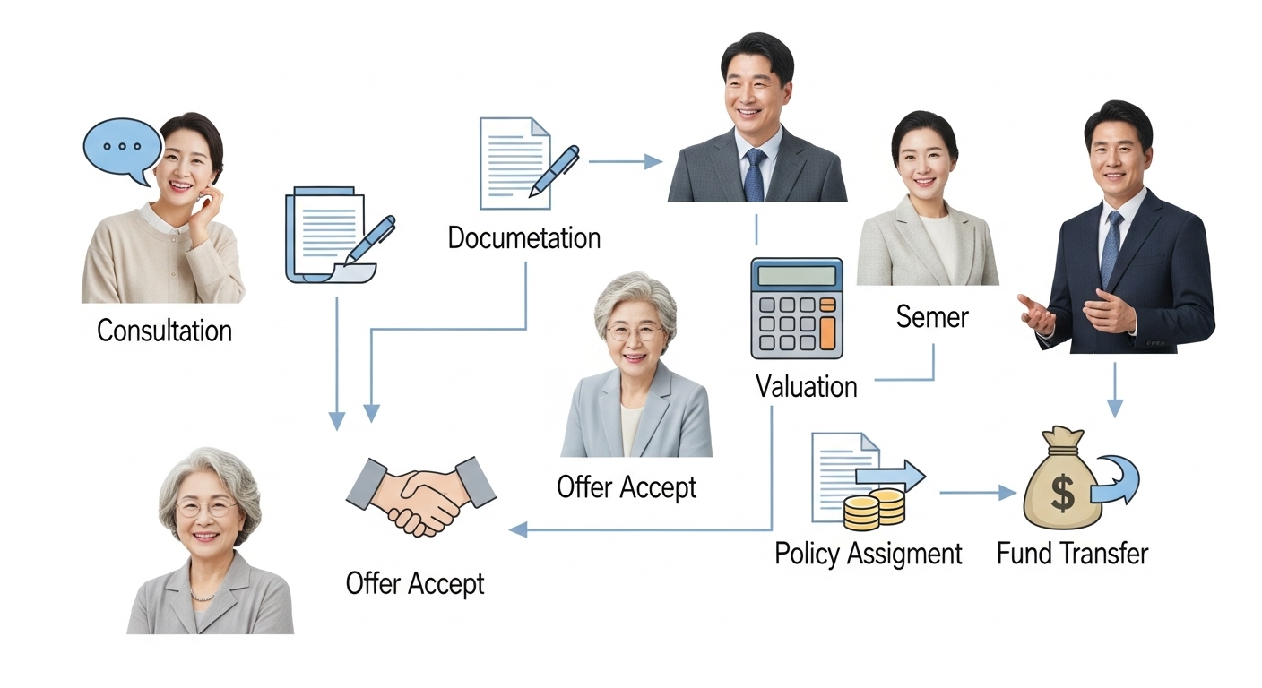 사망보험금 유동화 절차와 필요 서류 - 상담, 서류 준비, 가치 평가, 계약 체결, 보험증권 양도, 대금 지급으로 이어지는 과정을 나타내는 명확한 플로차트