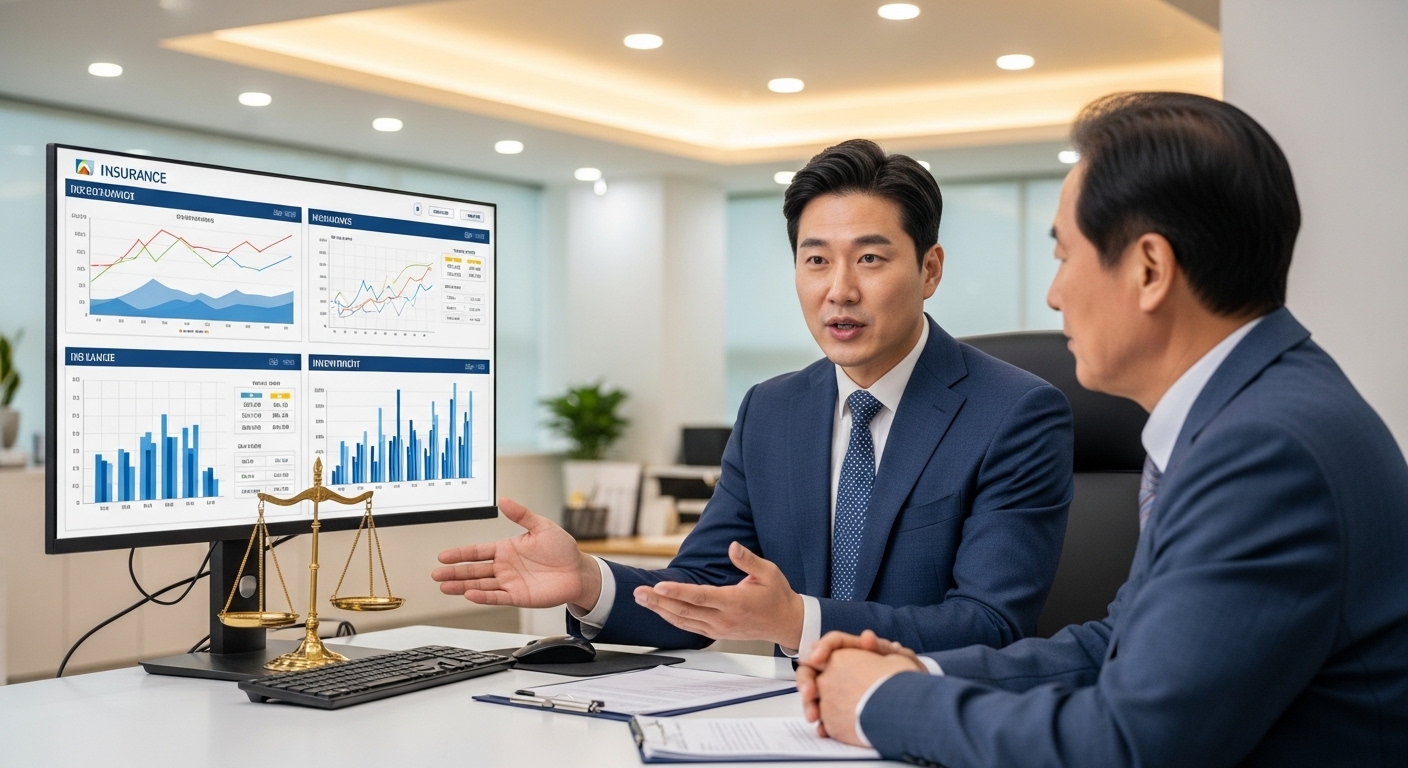 현명한 사망보험금 유동화 선택 - 한국인 금융 전문가가 고객에게 유동화의 복잡한 내용과 유의사항을 자세히 설명하며 상담하는 모습