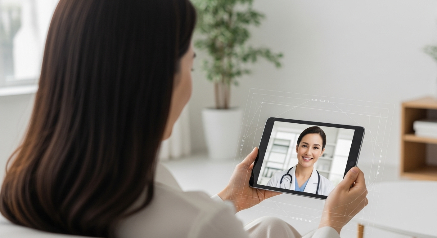 비대면 진료 확산에 따른 기대 효과와 우려 - 집에서 태블릿으로 비대면 진료를 받는 30대 한국 여성의 모습과 화면 속 의사의 얼굴, 그리고 데이터 보안에 대한 우려를 암시하는 그래픽