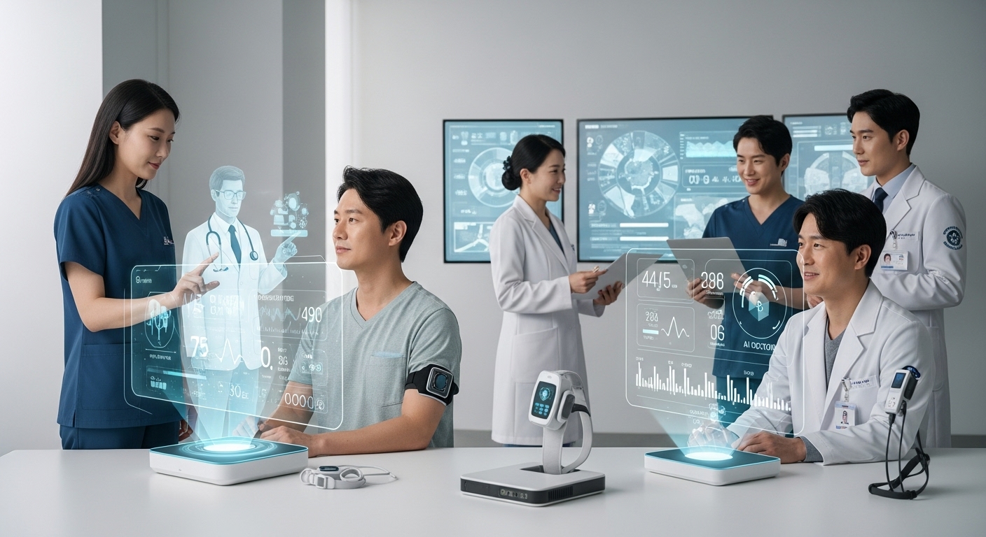 미래 의료 시스템 변화와 우리의 자세 - 2025년 한국의 미래 의료 시스템에서 환자가 AI 의사 홀로그램과 상호작용하고 의료진이 협력하는 통합적인 모습