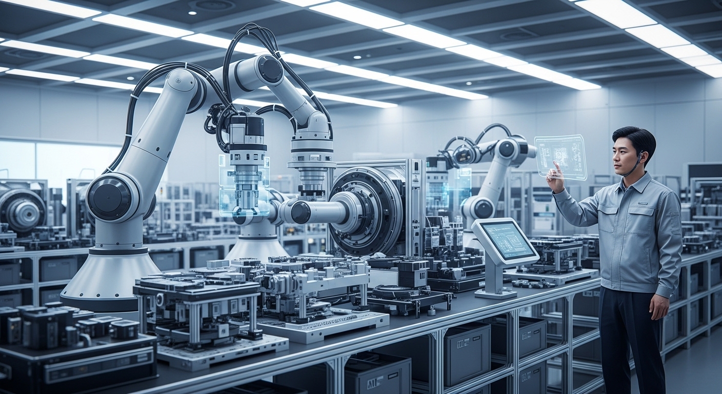 AI 기술 발전과 산업 재편의 서막 - 첨단 AI 로봇이 복잡한 기계를 자율적으로 조립하는 미래형 한국 공장 내부에서 한 명의 한국인 엔지니어가 홀로그램 인터페이스와 상호작용하며 감독하는 모습