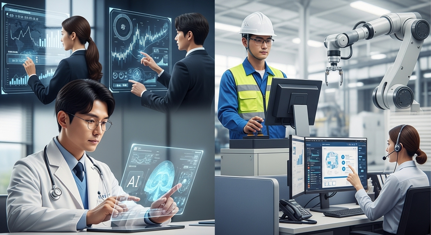핵심 산업별 AI 도입 현황 및 영향 - 한국인 의사, 공장 근로자, 금융 분석가, 고객 서비스 담당자가 각자의 산업에 맞는 AI 애플리케이션을 적극적으로 활용하는 모습. 의사는 AI 진단 이미지를, 근로자는 로봇 팔을, 분석가는 AI 시장 데이터를, 담당자는 AI 챗봇을 사용하는 장면