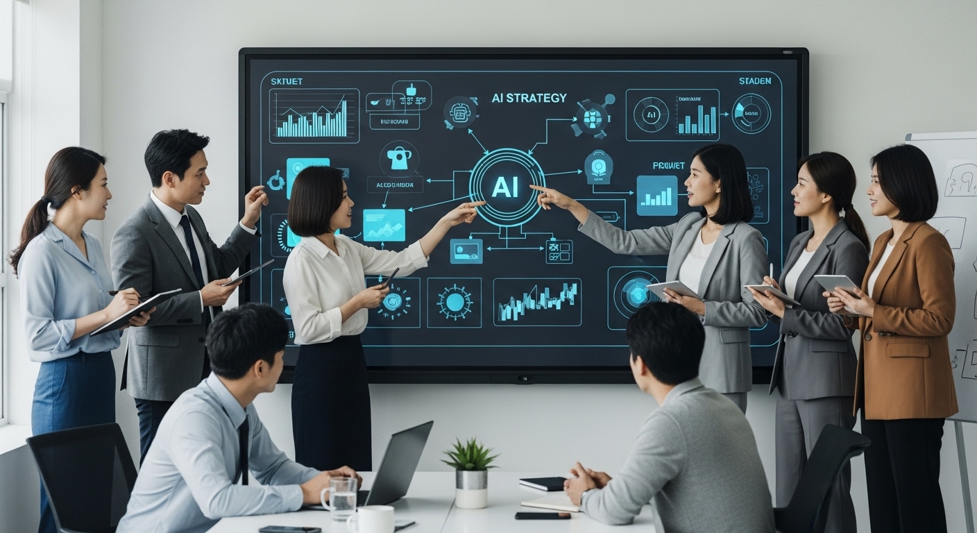 AI 시대, 기업의 생존 전략 - 현대적인 한국인 사무실에서 다양한 국적의 비즈니스 전문가들이 AI 전략 다이어그램과 데이터를 보여주는 대형 인터랙티브 스크린을 중심으로 적극적으로 협력하고 토론하며 혁신을 강조하는 모습