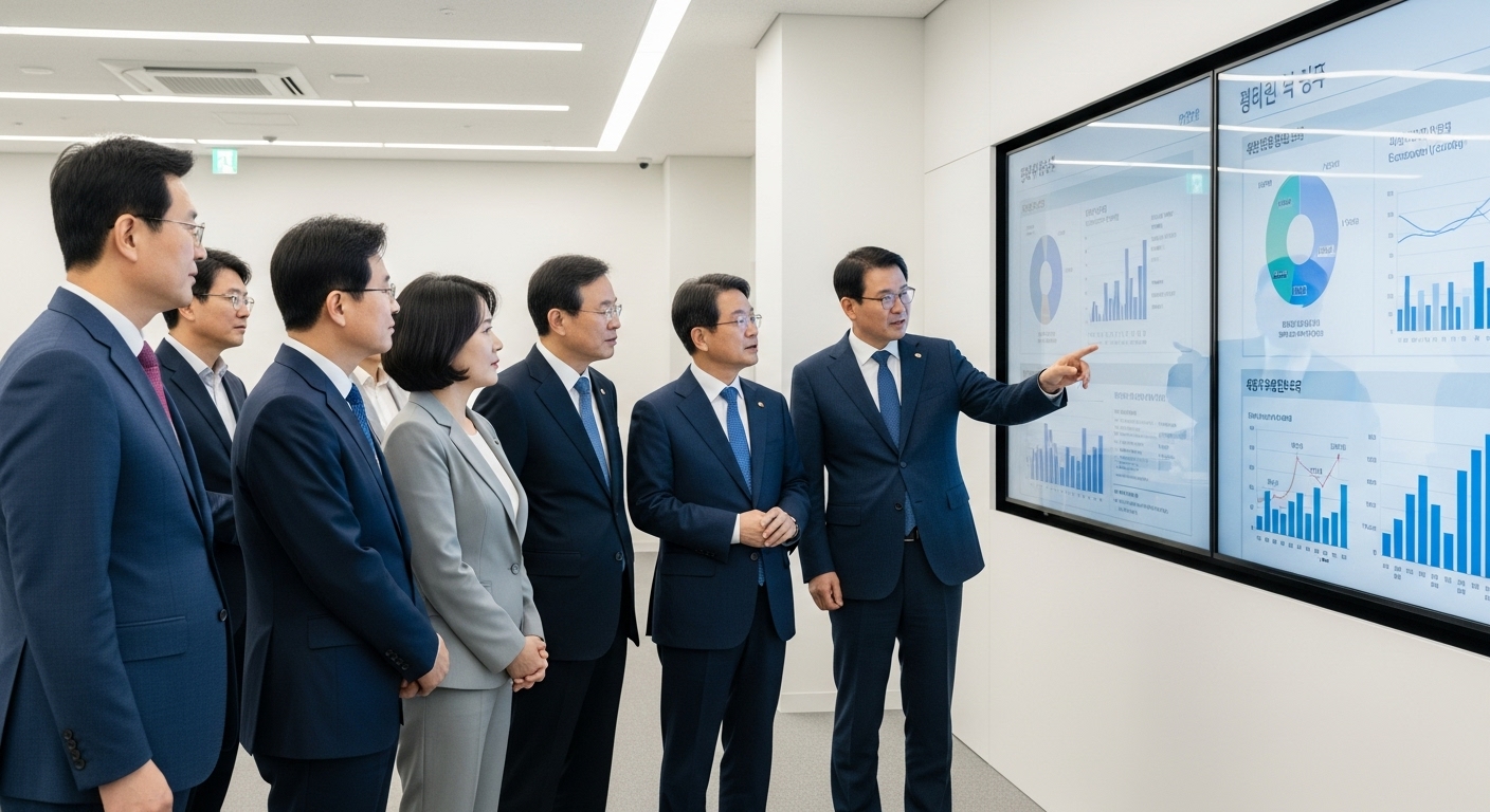 정부 정책과 미래 전망 - 현대적이고 밝은 회의실에서 한국인 정책 입안자들과 산업 리더들이 국가 AI 전략 및 경제 성장 관련 차트를 보여주는 대형 스크린을 보며 진지하게 토론하는 모습