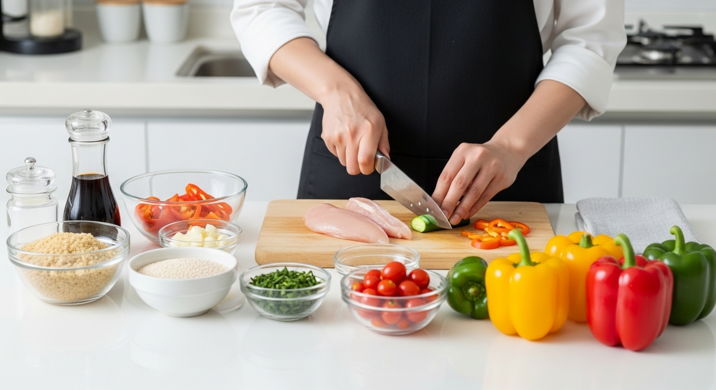 밀프렙, 건강과 효율을 잡는 구체적인 방법 - 한 한국인이 깨끗한 주방에서 닭가슴살, 퀴노아, 다채로운 파프리카 등 재료들을 깔끔하게 정돈하고 채소를 꼼꼼히 손질하는 모습