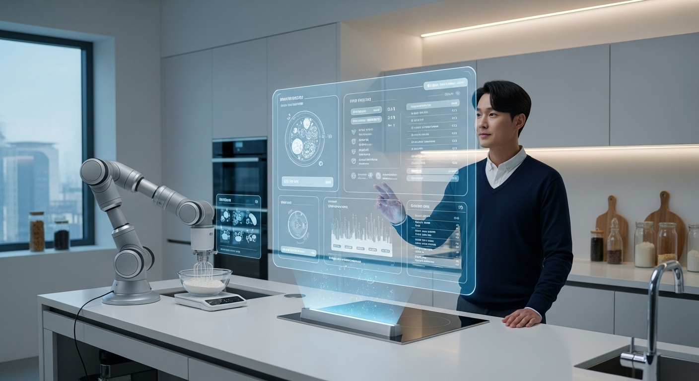 2025년, 밀프렙 트렌드와 미래 전망 - 홀로그램 디스플레이에 개인 맞춤형 밀프렙 식단과 재료 목록이 표시된 미래형 주방에서 한국인 사용자가 AI 인터페이스와 상호작용하며 로봇 팔이 재료 계량을 돕는 모습