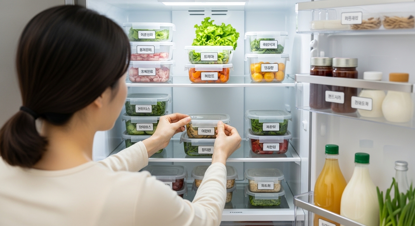 성공적인 밀프렙을 위한 팁과 주의사항 - 한 한국인이 냉장고에 다양한 밀프렙 용기를 조심스럽게 라벨링하고 정리하며 식품 안전과 적정량을 강조하는 모습