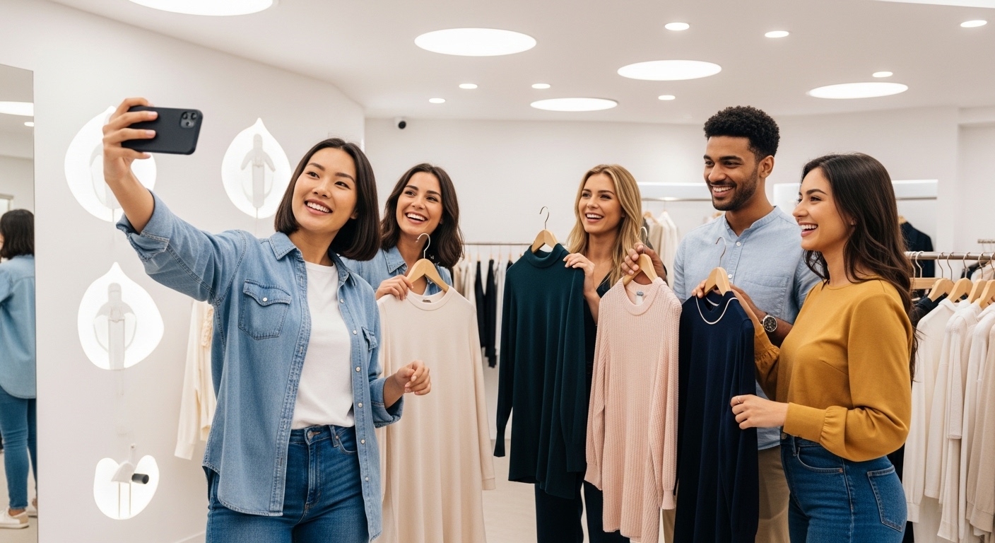 K-패션 관광객의 소비 트렌드 - 외국인 관광객들이 세련된 한국 부티크에서 K-패션 의류를 즐겁게 착용하고 셀카를 찍는 모습