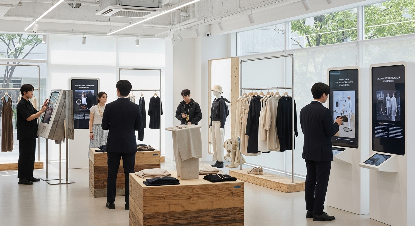 K-패션 관광의 미래 - 서울의 친환경 K-패션 콘셉트 스토어에서 재활용 의류를 둘러보고 윤리적 생산 과정을 배우는 외국인 관광객들