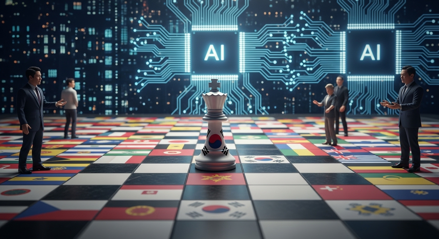 글로벌 AI 경쟁 지형 변화와 퓨처텍의 위치 - 세계 각국을 상징하는 체스 말들이 놓인 체스판 위에서 한국의 체스 말이 전략적으로 움직이며 글로벌 AI 기술 경쟁을 펼치는 모습