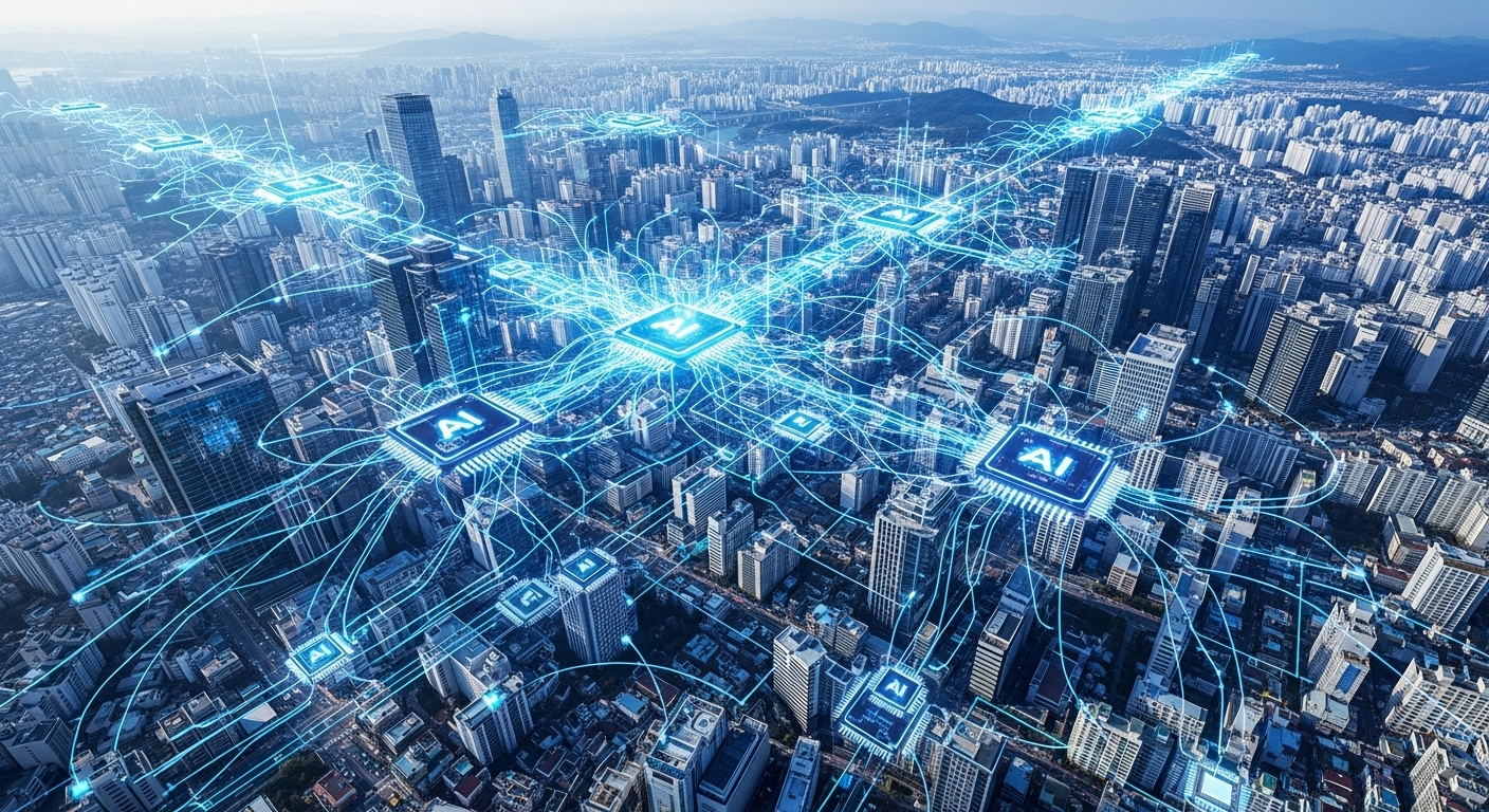 국내 AI 생태계에 미칠 파급 효과와 기대감 - 한국 도시를 배경으로 데이터 라인과 AI 칩이 얽혀 거대한 AI 생태계를 형성하며, 데이터센터 건물과 빛나는 네트워크가 도시의 혁신적인 성장을 상징하는 모습