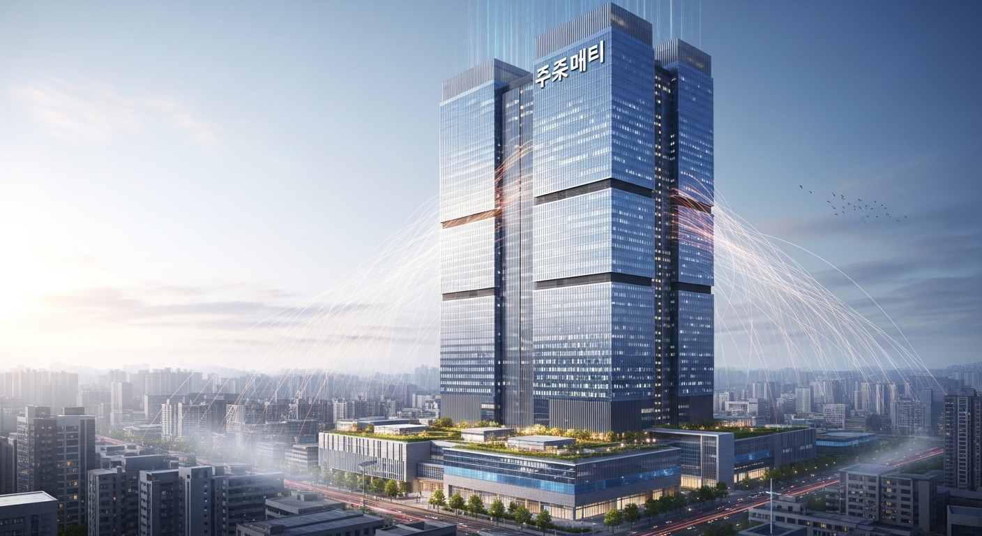 미래 전망과 남겨진 도전 과제 - 퓨처텍의 AI 데이터센터가 미래 도시 스카이라인에 우뚝 솟아 있고, 데이터 흐름을 상징하는 빛의 선과 희망 및 도전 과제를 나타내는 옅은 안개가 어우러진 모습