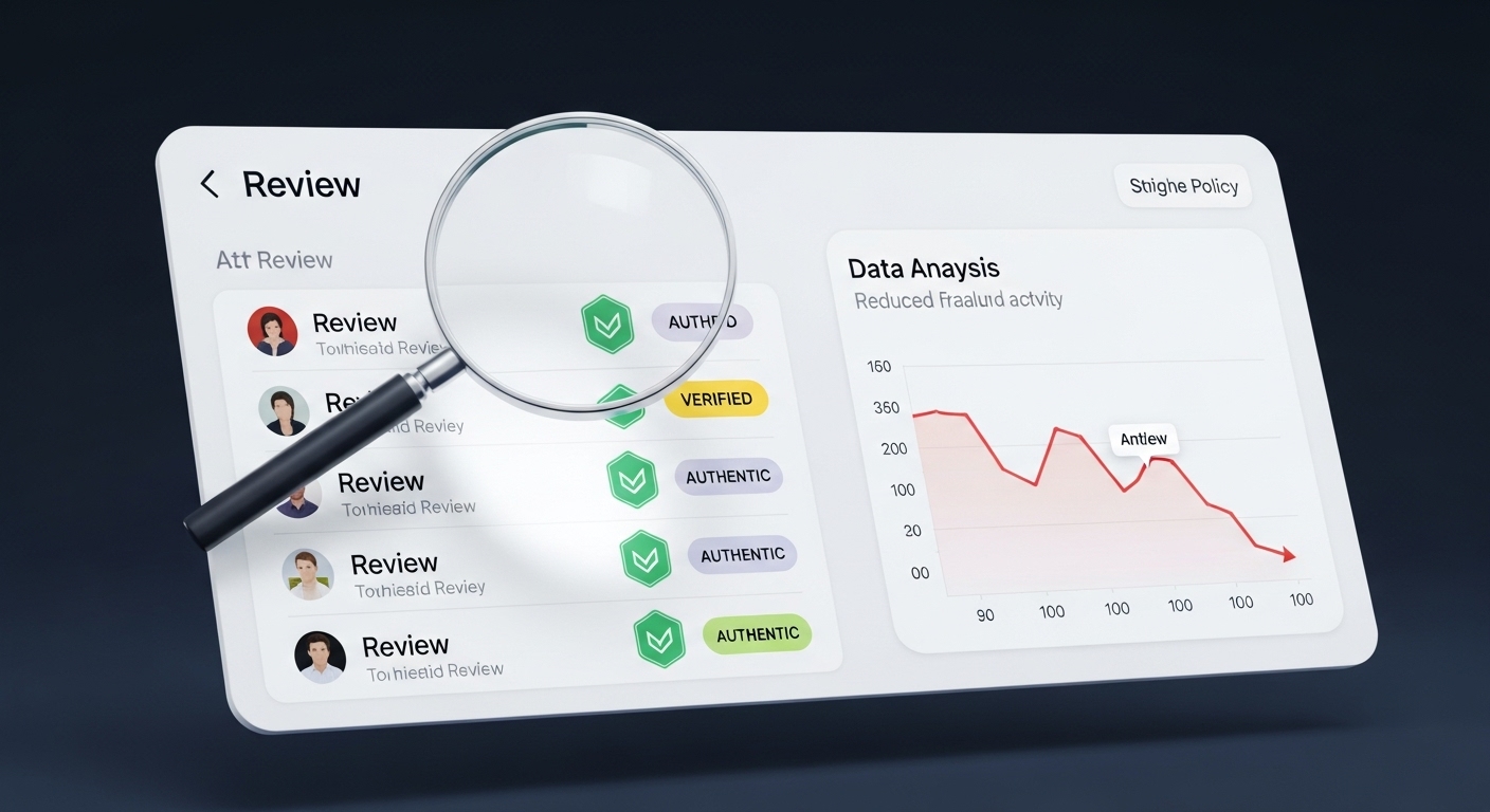 '클린 리뷰 정책'의 주요 내용과 변화 - 디지털 인터페이스의 리뷰 섹션에서 돋보기가 '인증됨' 배지를 강조하고 있으며, 데이터 분석 그래프가 사기 활동 감소를 보여준다.