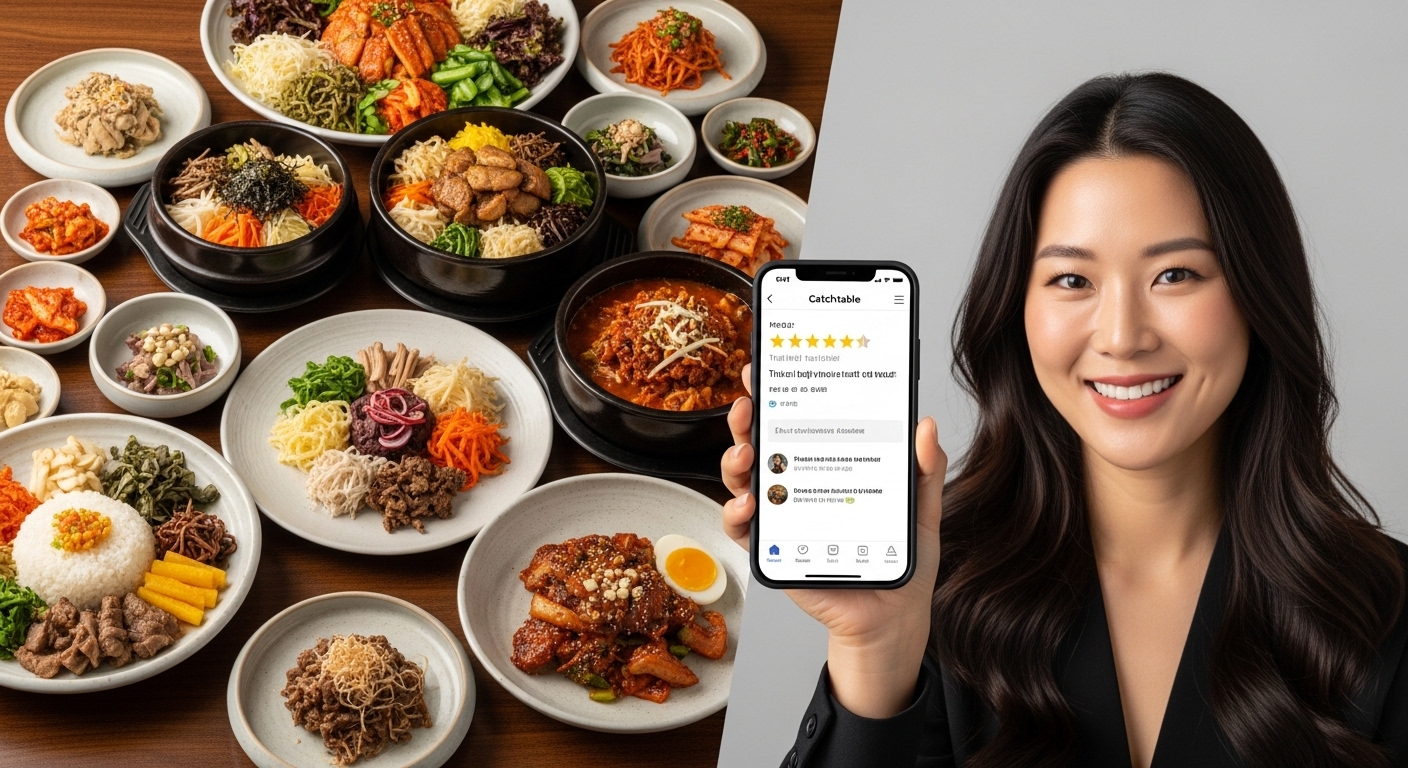 소비자를 위한 변화: 더 투명하고 신뢰할 수 있는 리뷰 환경 - 신뢰할 수 있는 캐치테이블 맛집 리뷰를 스마트폰으로 확인하며 만족하는 한국인 여성의 모습. 배경에는 다양한 한국 음식이 보인다.