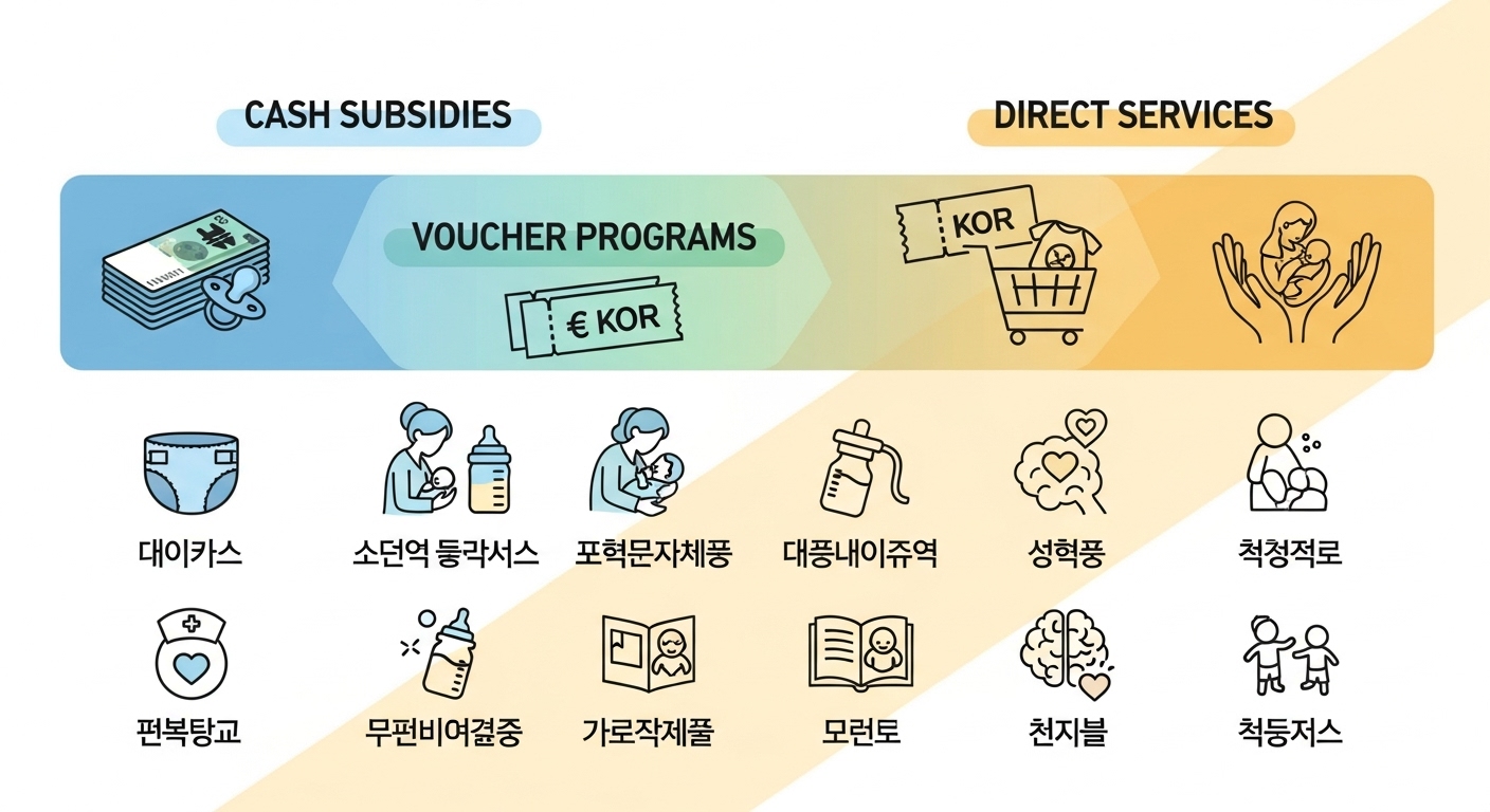 2025년 주요 산후조리 지원금 종류 및 대상 - 현금, 바우처, 서비스 등 다양한 산후조리 지원금 유형과 신생아 및 산모를 위한 혜택을 시각적으로 설명하는 다이내믹한 인포그래픽