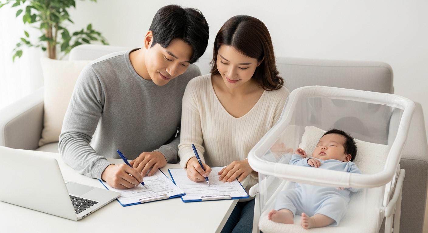 신청 방법 및 필요 서류 - 한국인 부부가 노트북으로 출산지원금 신청 서류를 작성하고 있으며, 옆에는 아기가 요람에서 평화롭게 잠들어 있는 모습