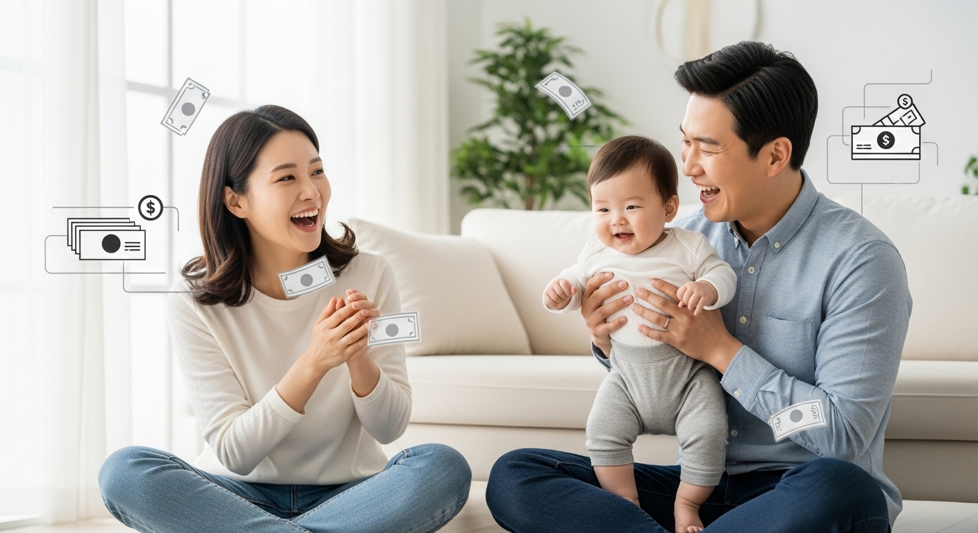 2025년 변화와 놓치지 말아야 할 혜택 - 행복한 한국인 가족(부모와 아기)이 밝고 현대적인 집에서 함께 즐거운 시간을 보내는 모습, 경제적 안정과 정부 지원을 상징하는 요소들이 주변에 배치되어 있음