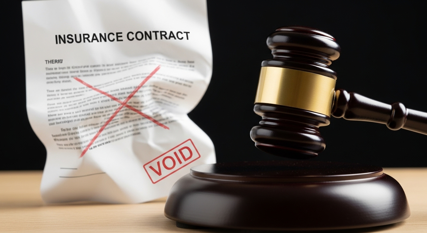 보험계약 무효의 의미와 주요 사유 - 법원이 보험 계약의 무효를 선언하며 망치로 선고하는 모습, 뒤에는 왜곡된 보험 계약 서류가 보임