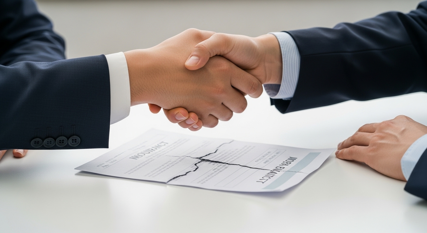 보험계약 해지와 철회 - 두 사람이 악수하며 합의를 끝내는 모습, 낡은 보험 증서가 테이블 위에 놓여 있음