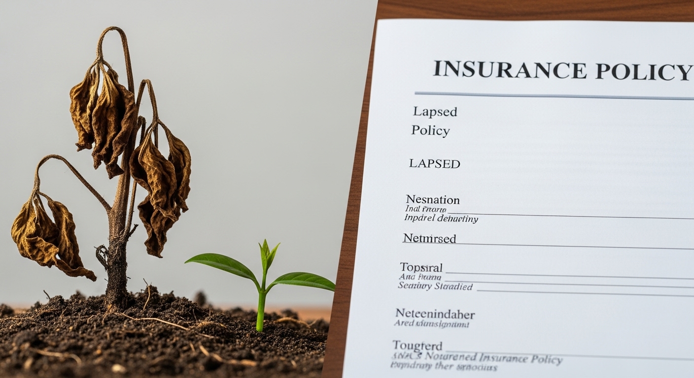 보험계약 실효 발생 원인과 부활 방법 - 시들어가는 식물 옆에 놓인 보험 증서, 작은 새싹이 돋아나 부활의 가능성을 암시
