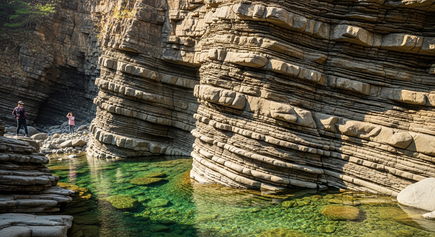 사인암 8경의 주요 명소 사인암 - 병풍처럼 펼쳐진 기암괴석과 맑은 계곡물이 어우러진 풍경