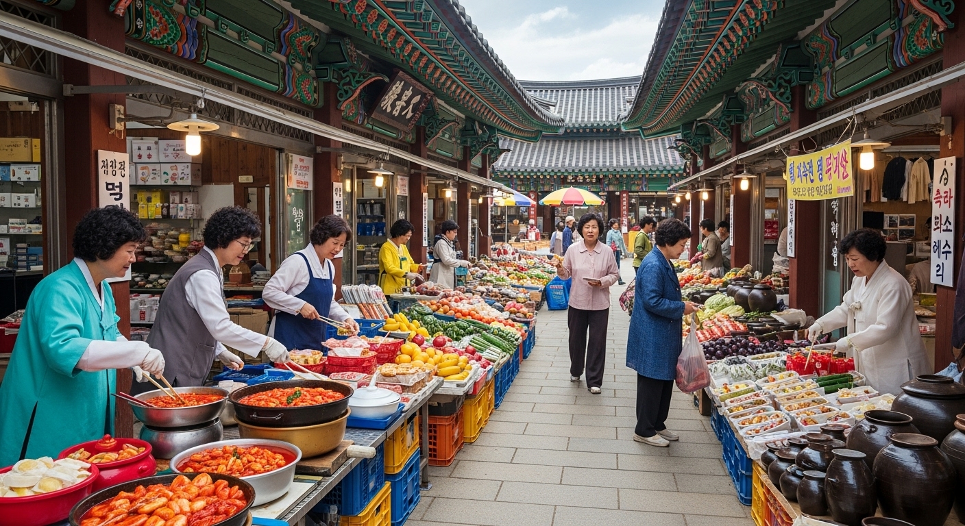 사인암 8경 주변의 숨겨진 보석 같은 관광지 - 단양 구경시장과 같은 활기찬 지역 시장 풍경, 현지 특산물과 길거리 음식을 즐기는 사람들