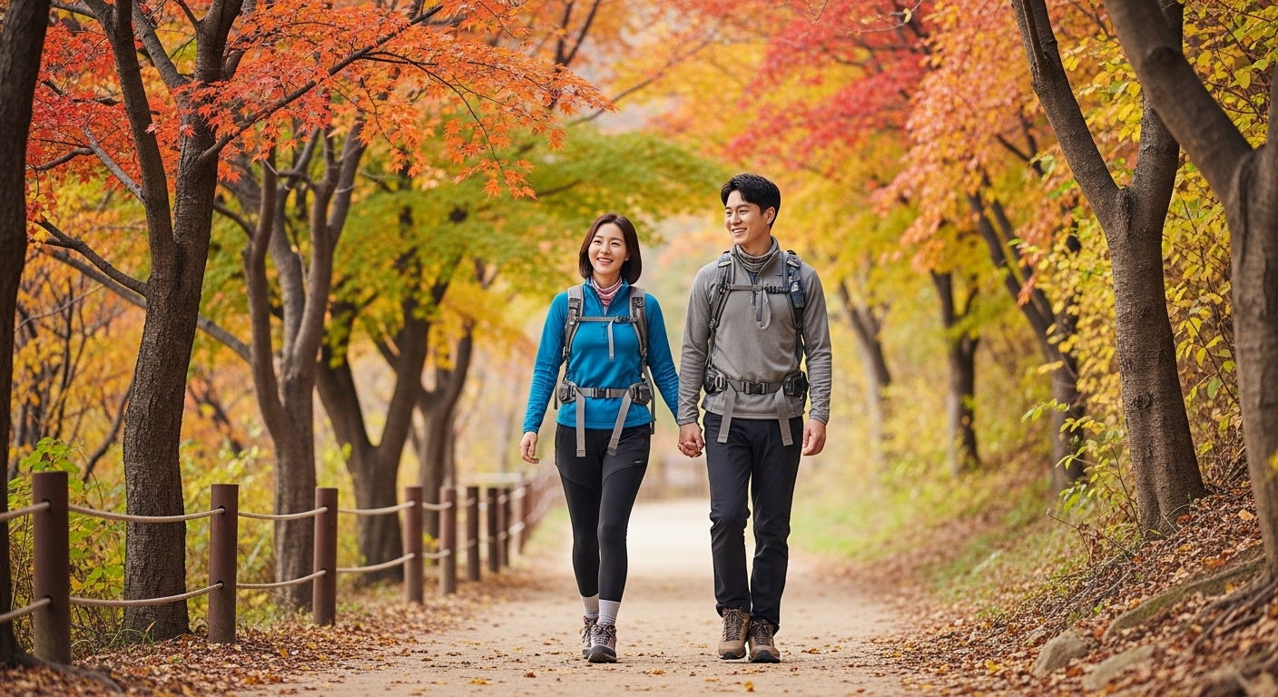 2025년 단양 사인암 8경 가을 여행을 위한 실용 팁 - 가을 단풍 숲길을 걷는 젊은 한국인 커플의 모습