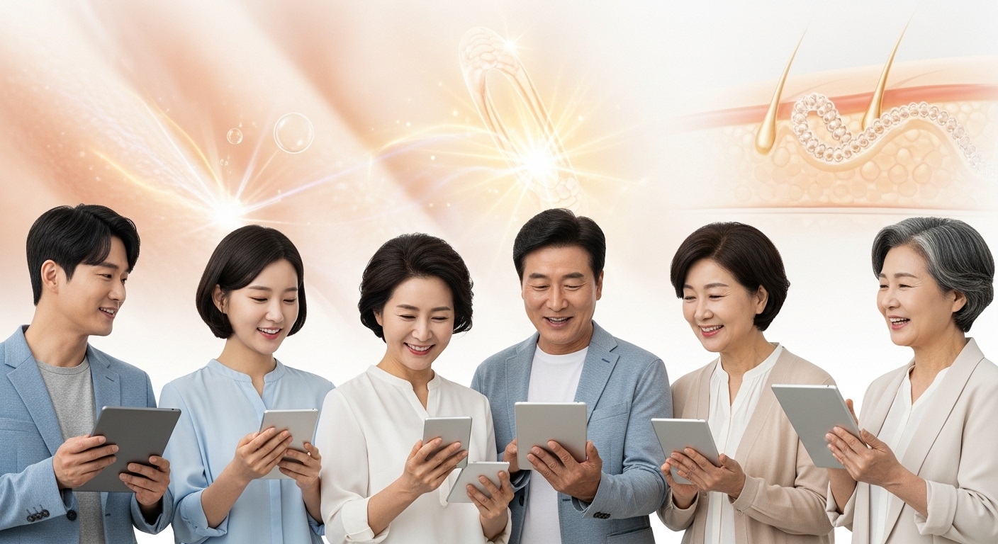 실제 섭취 후기 분석: 기대 효과와 현실 - 여러 한국인이 모여 퓨리카뮤신 엘라스틴 제품 후기를 공유하며 대화하는 장면.