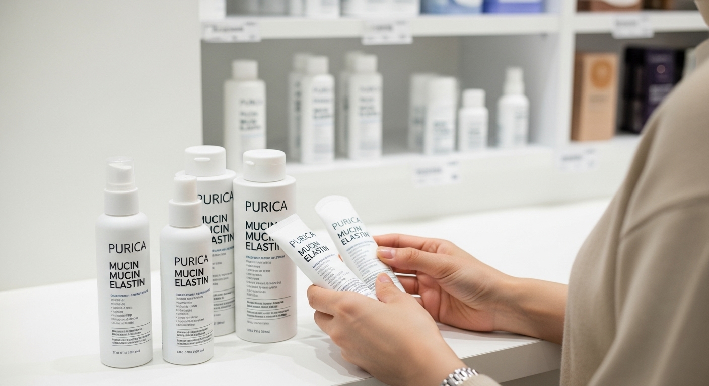 퓨리카뮤신 엘라스틴 선택 가이드 및 현명한 섭취법 - 한국인 소비자가 매장에서 다양한 엘라스틴 제품 성분을 꼼꼼히 비교하는 모습.