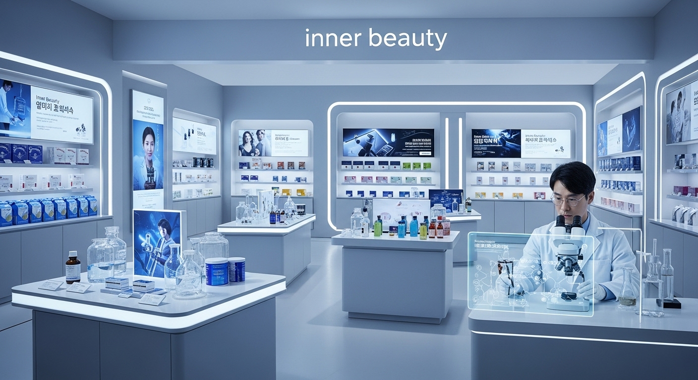 2025년 이너뷰티 트렌드 속 퓨리카뮤신의 미래 - 미래형 이너뷰티 매장에서 한국인 과학자가 퓨리카뮤신 제품을 연구하는 모습.