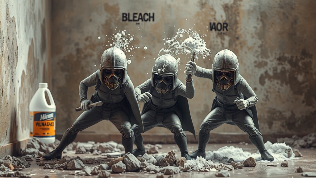 락스 vs 식초 vs 베이킹소다 (realistic 스타일)