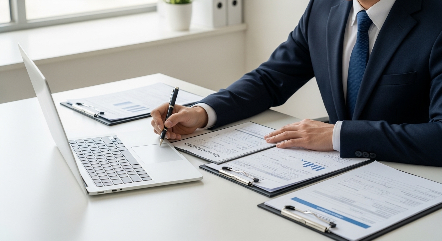 소상공인 부담경감 크레딧 신청 과정 - 한 한국인 소상공인이 노트북으로 크레딧 신청 서류를 꼼꼼하게 작성하는 모습