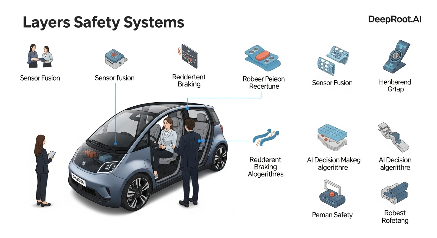 안전성 확보와 규제: 신뢰를 구축하는 길 - 딥루트닷에이아이 로보택시의 다층적인 안전 시스템을 보여주는 인포그래픽