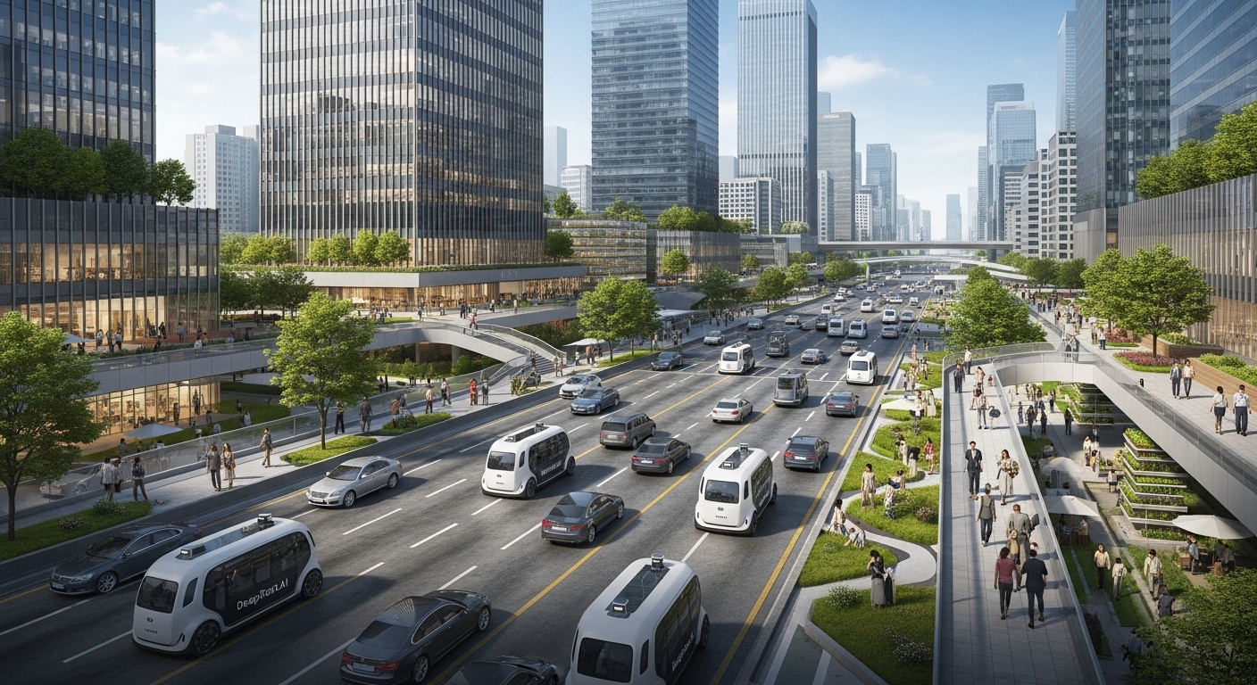 미래 도시와 로보택시: 사회경제적 파급 효과 - 딥루트닷에이아이 로보택시가 효율적으로 운영되는 미래 한국 스마트 도시의 전경
