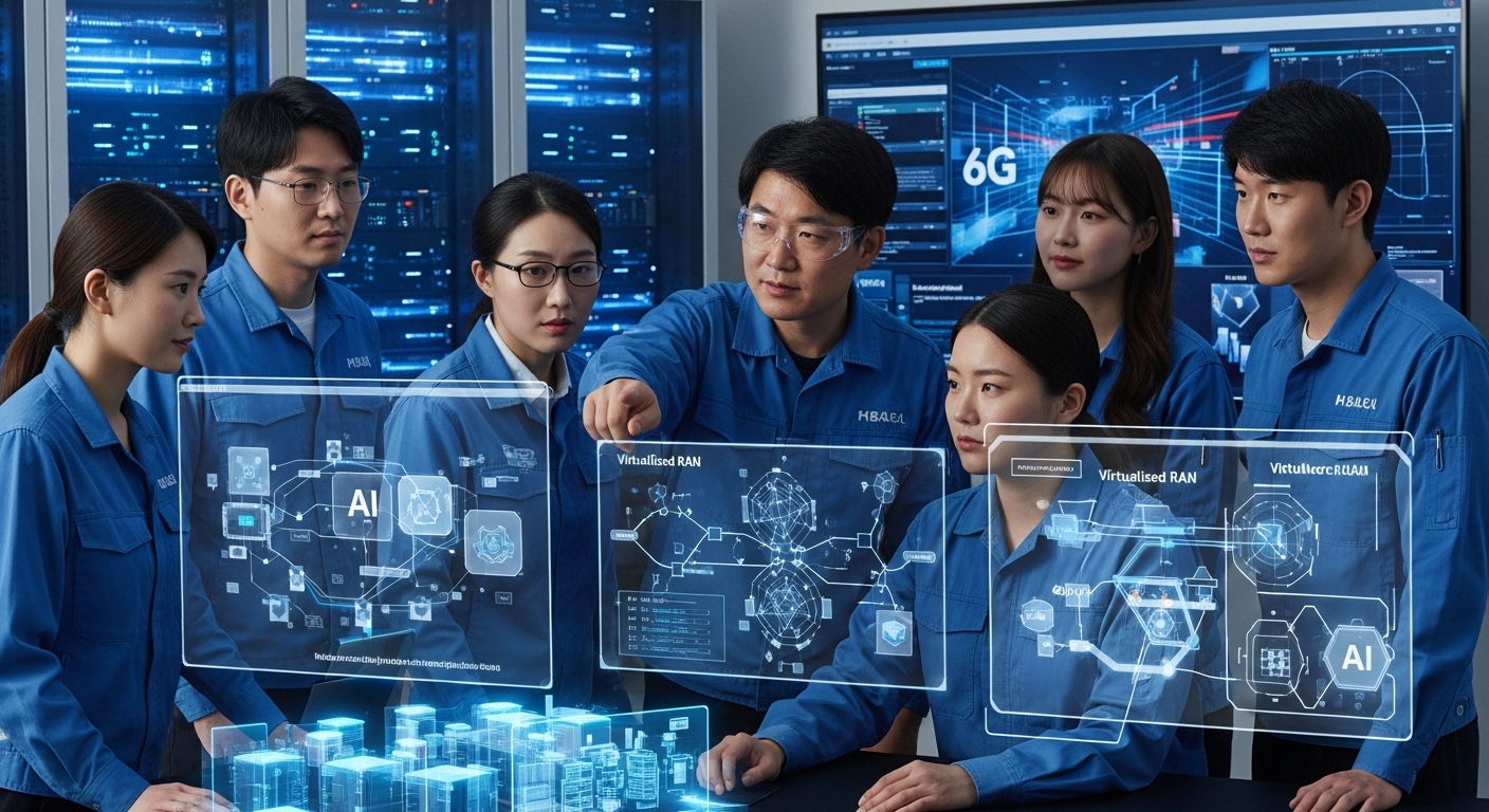 KT와 엔비디아의 독점적 시너지와 국내외 파급 효과 - 한국 및 해외 엔지니어들이 AI 네트워크 아키텍처와 6G 시뮬레이션을 분석하며 협력하는 첨단 연구실 모습