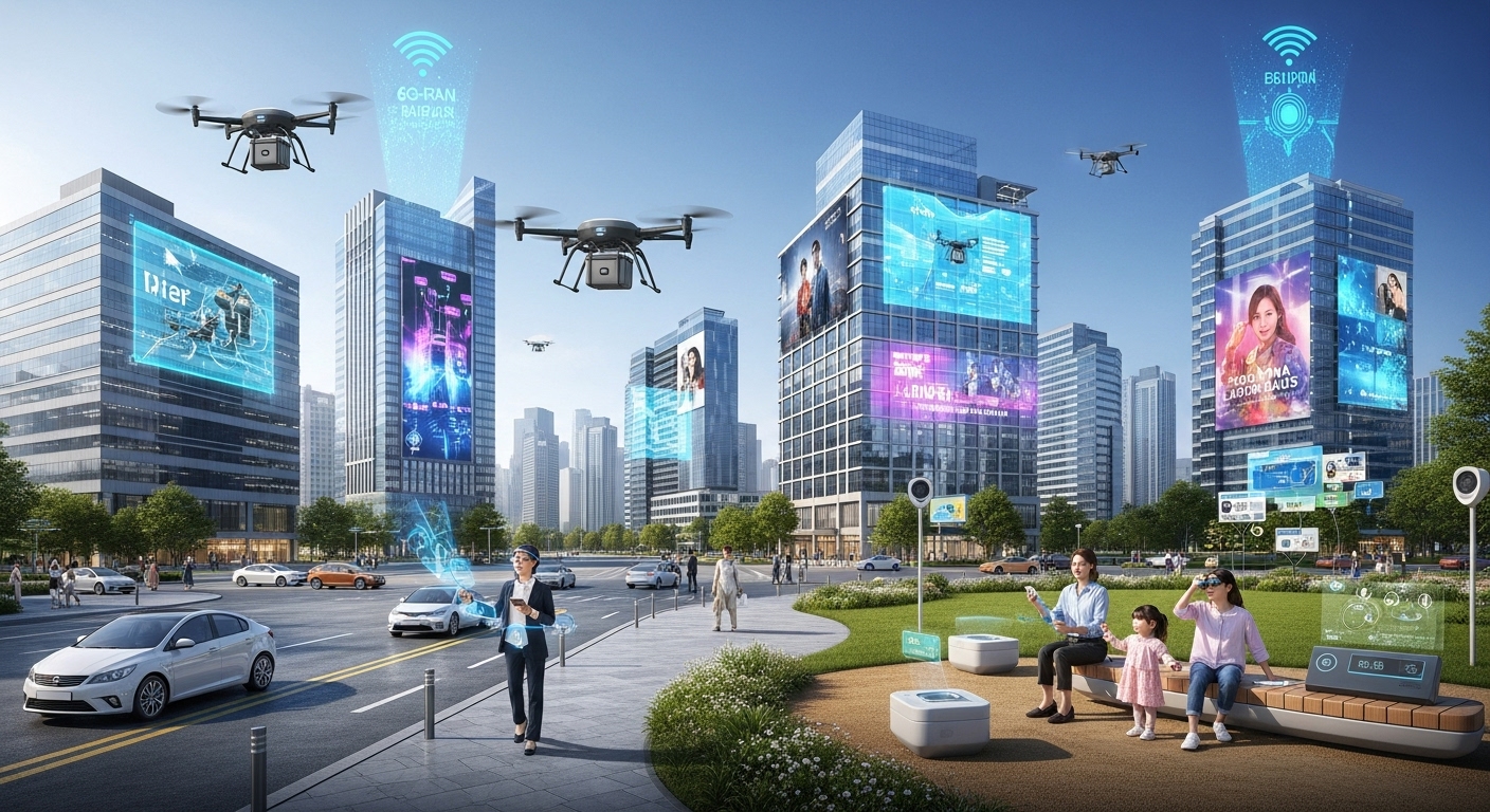 미래 6G 생태계 구축과 AI-RAN 글로벌 허브의 비전 - 6G AI-RAN 네트워크로 연결된 2030년 스마트 도시와 기술을 활용하는 한국인 가족의 모습