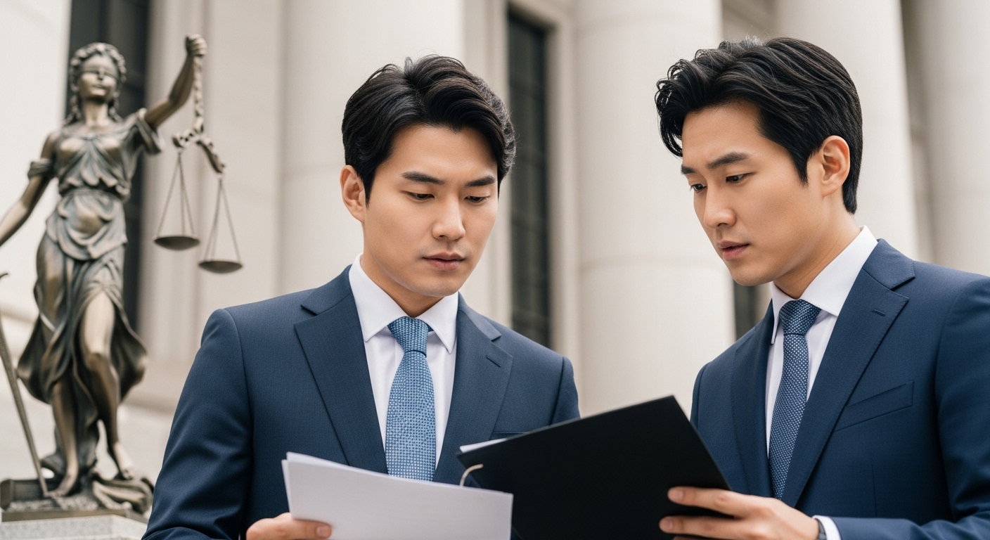 소송 전 고려사항 및 최종 결정 - 남성이 변호사와 법원 앞에서 소송 관련 상담을 하는 모습