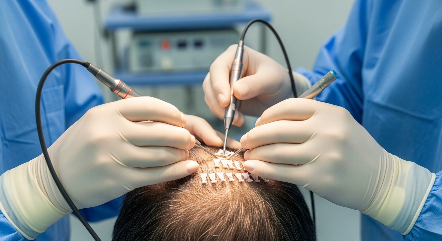 2025년 순천시 모발이식 최신 기술 및 방법 - 현대적인 수술실에서 한국인 의사가 미세한 기구를 이용해 환자의 두피에 모발이식 시술을 섬세하게 진행하는 모습