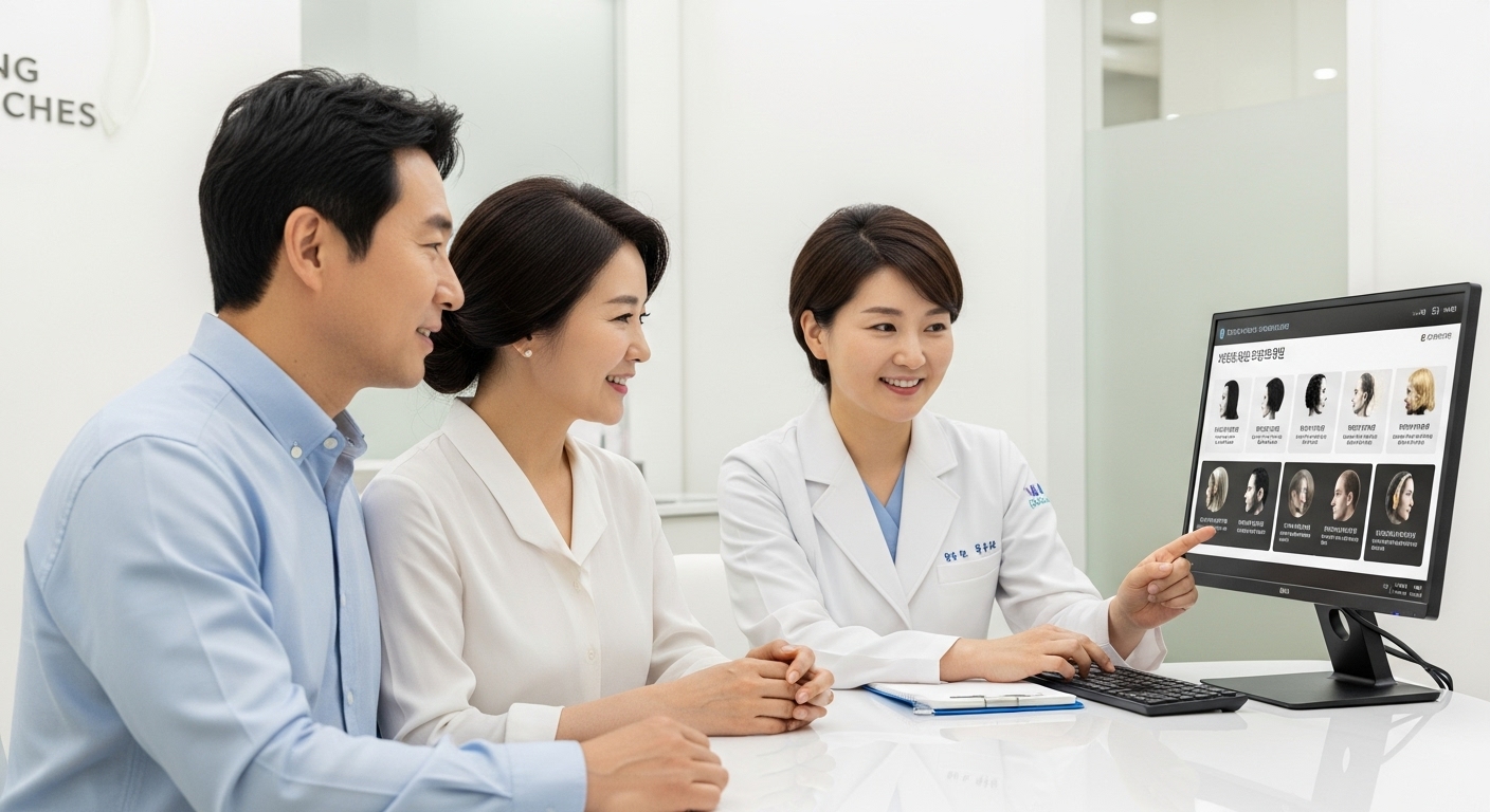 순천시 모발이식 및 탈모관리 병원 선택 가이드 - 깔끔한 병원 진료실에서 40대 한국인 부부가 한국인 의사와 탈모 솔루션에 대해 상담하는 모습