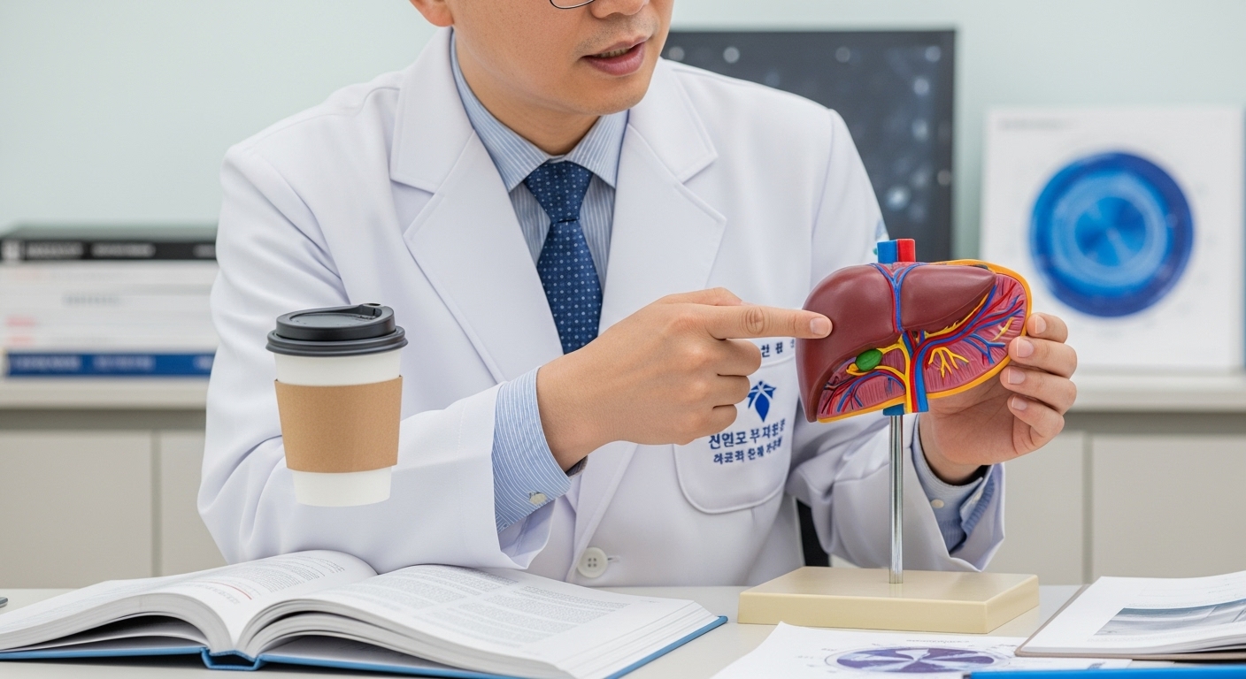 커피와 지방간: 오해와 진실 - 커피를 들고 간 모형을 설명하는 한국인 의사가 최신 의학 저널 앞에서 발표하고 있다.