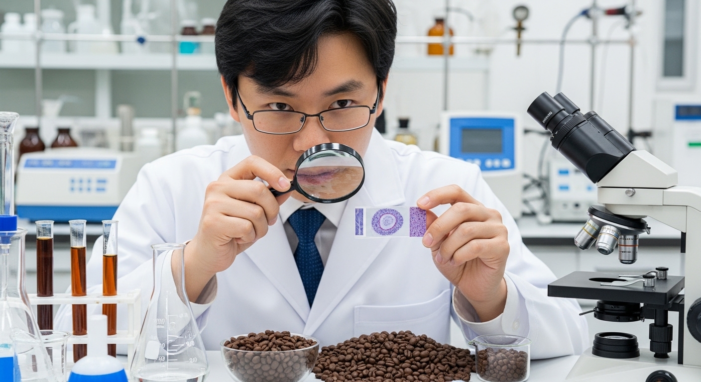 과학적 연구로 밝혀진 커피의 간 보호 효과 - 연구원이 돋보기를 통해 커피 원두와 간 조직 샘플을 면밀히 관찰하고 있다.
