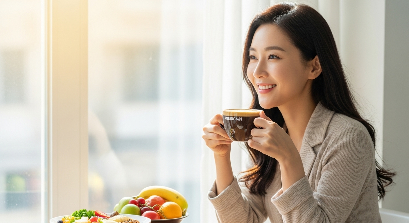 지방간 환자를 위한 커피 섭취 가이드라인 - 건강한 식단과 함께 아메리카노를 마시며 미소 짓는 한국인 여성.