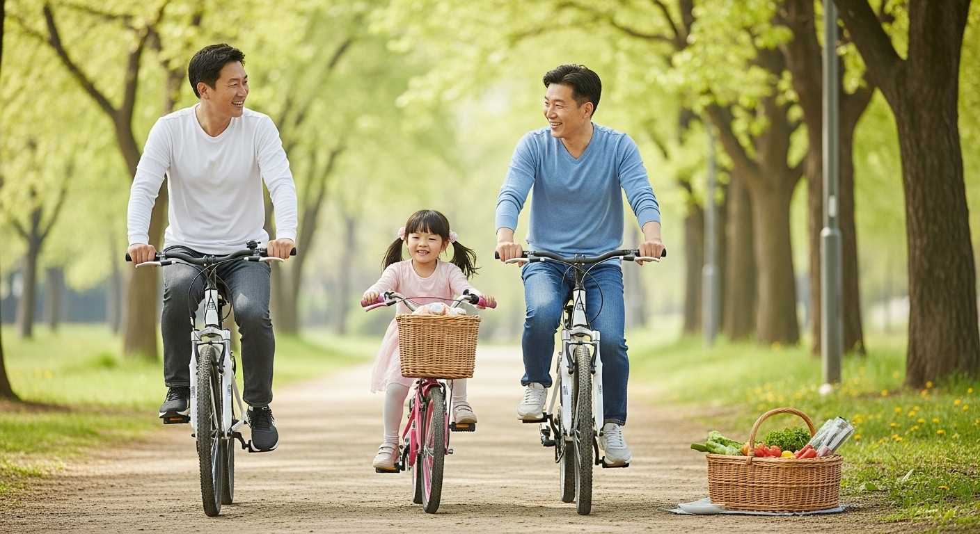 커피 외 지방간 개선을 위한 생활 습관 - 공원에서 자전거를 타는 가족과 건강한 피크닉 바구니가 보이는 풍경.