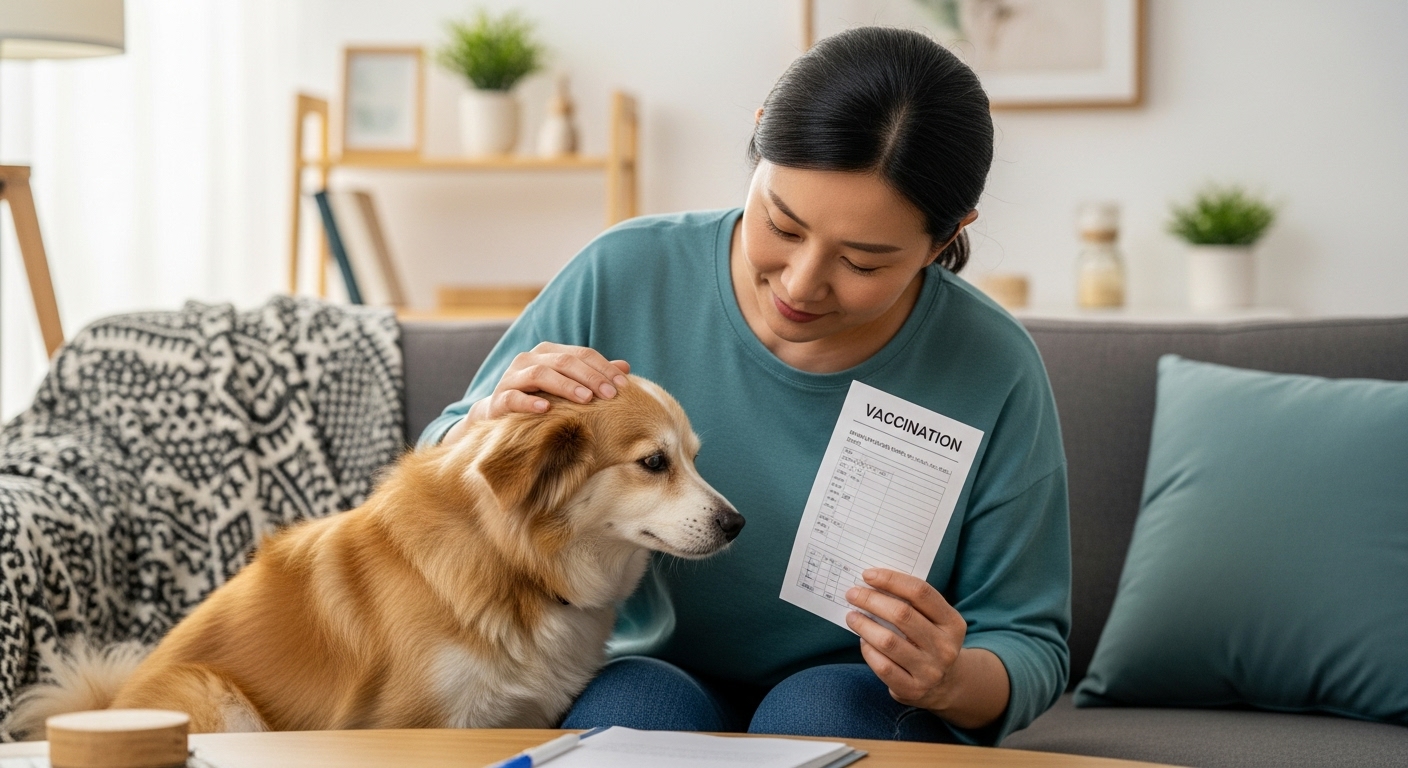 예방접종 전후 주의사항 - 예방접종 후 강아지를 쓰다듬으며 안정시키는 보호자와 예방접종 수첩. 접종 전후의 세심한 관리가 필요함을 보여줍니다.