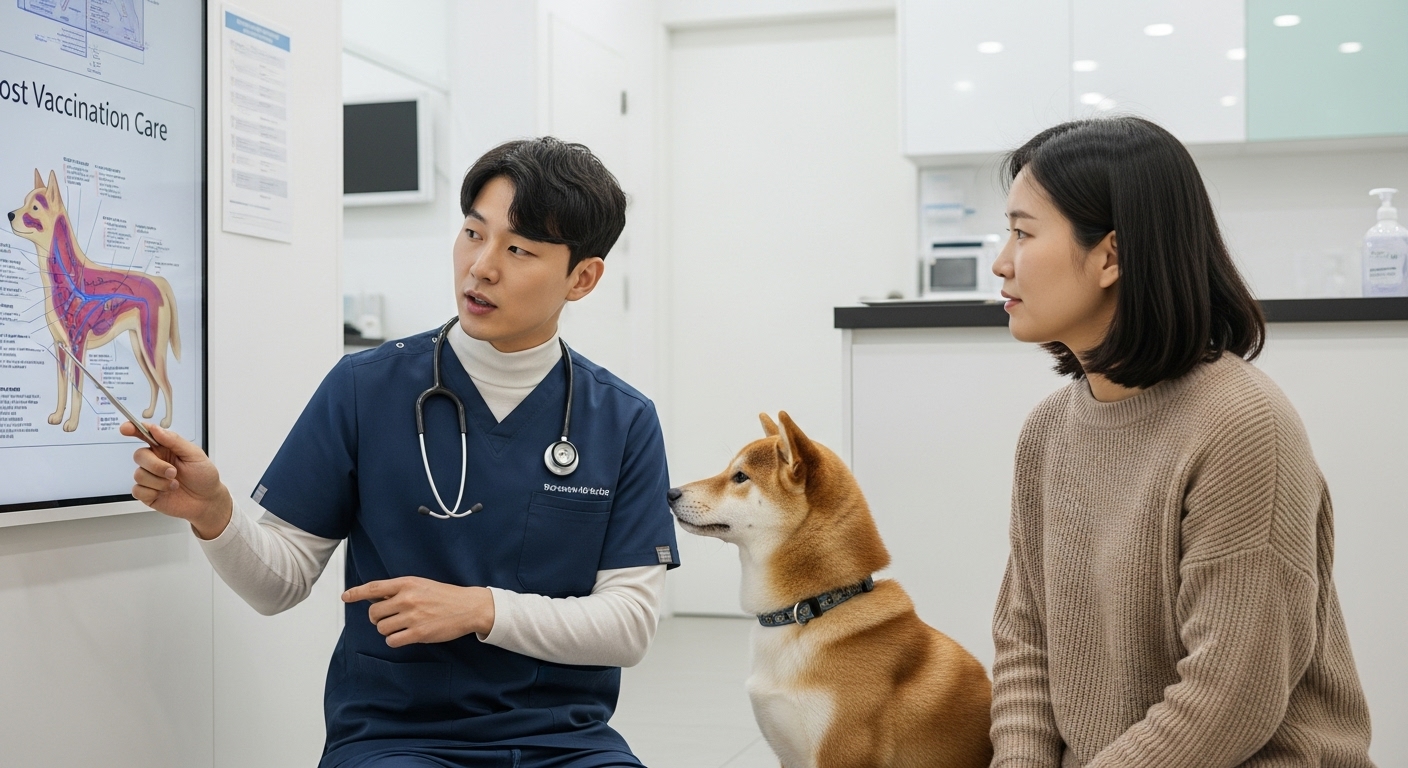 접종 후 건강 관리 및 부작용 대처 - 수의사가 보호자에게 강아지 예방접종 후 관리 및 부작용 대처법을 설명하는 모습. 전문적인 조언과 세심한 관리가 중요함을 강조합니다.