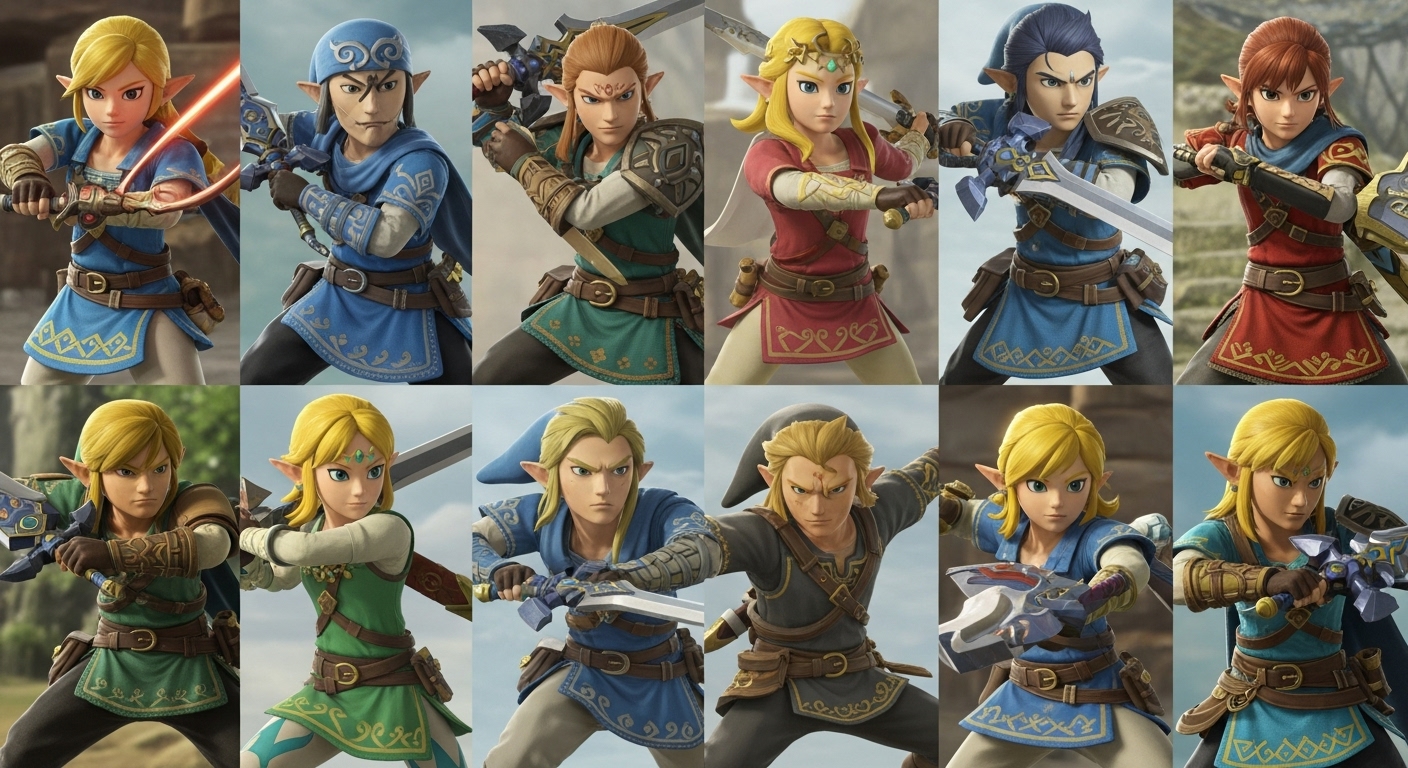 핵심 플레이어블 캐릭터와 전투 스타일 분석 - 젤다무쌍 봉인전기의 여러 플레이어블 캐릭터들이 각자의 독특한 무기와 능력을 과시하며 전투 포즈를 취하는 콜라주 이미지