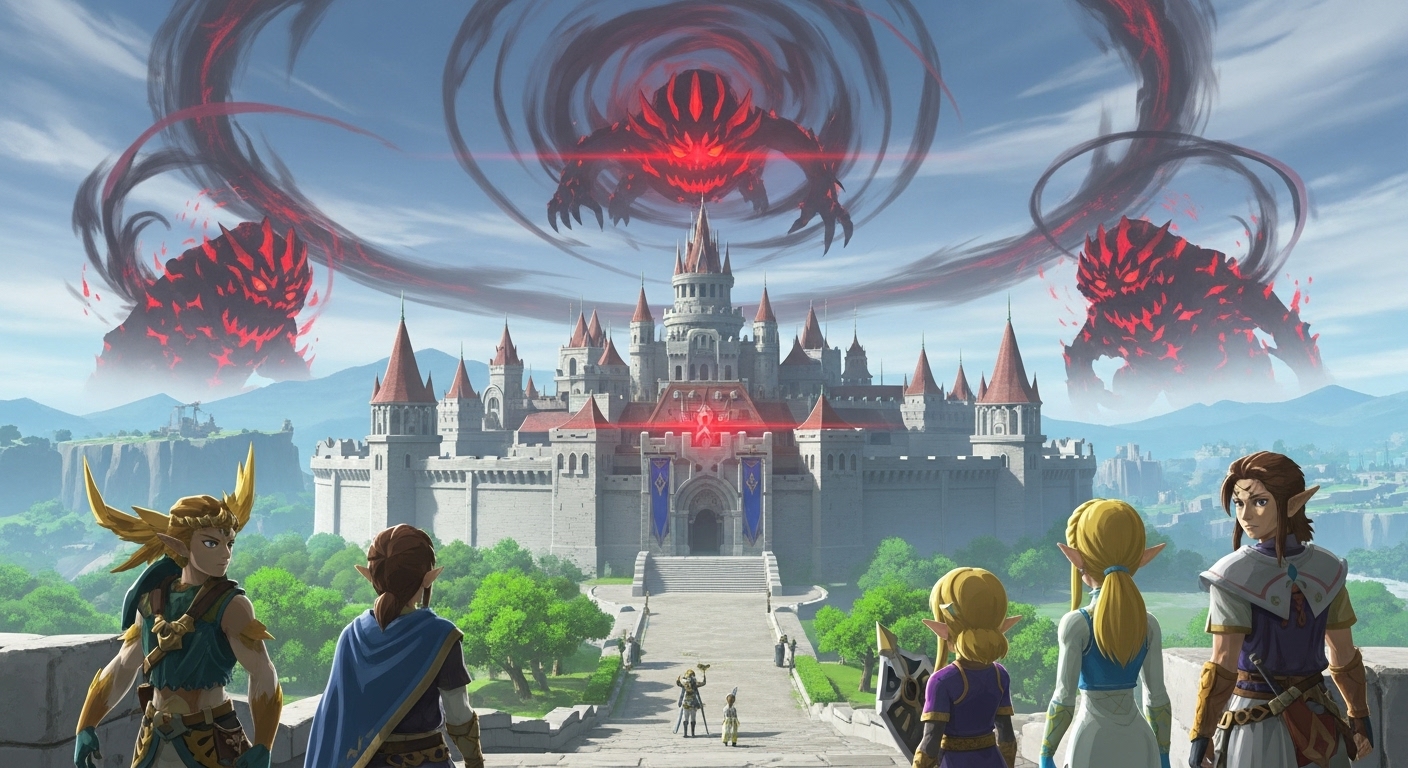 스토리와 세계관, 그리고 원작과의 연결점 - 대재앙 가논의 불길한 기운에 휩싸인 하이랄 성과, 결의에 찬 젤다와 용사들의 모습이 담긴 평화롭지만 비극적인 장면